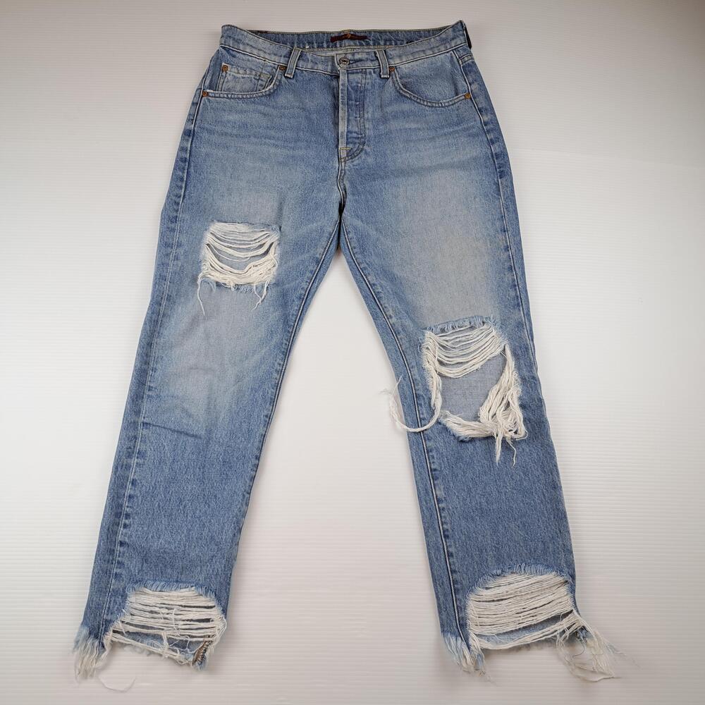 7 For All Mankind Jeans Womens 27 Light Blue Distressed Straight Button Fly Crop
